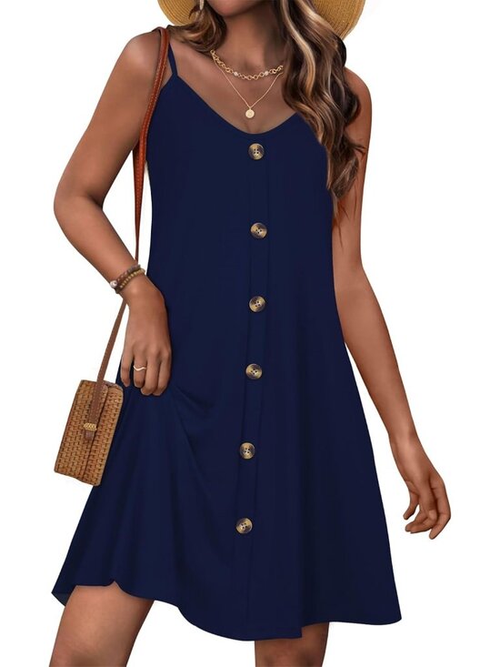 Dresses & Skirts - Women's Navy Summer Dresses Spaghetti Strap Button Down V Neck Sundress Beach